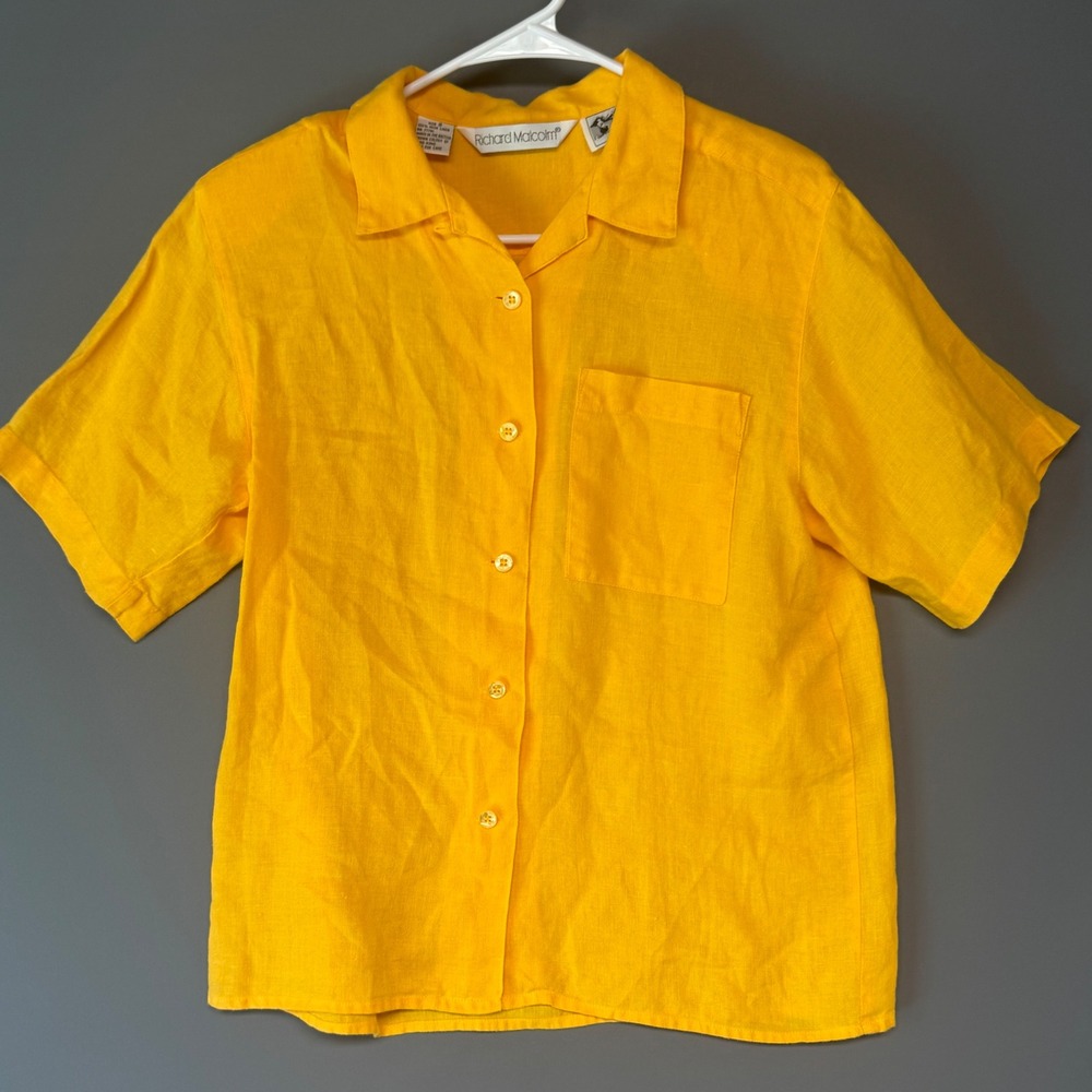 Richard Malcolm Vintage Yellow 100% Irish Linen Short Sleeve Button Down Shirt 8